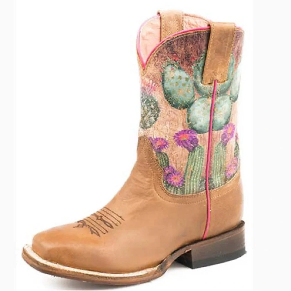 Roper Little Kid's Brown Cactus Square Toe All Leather Western Boots Size 2